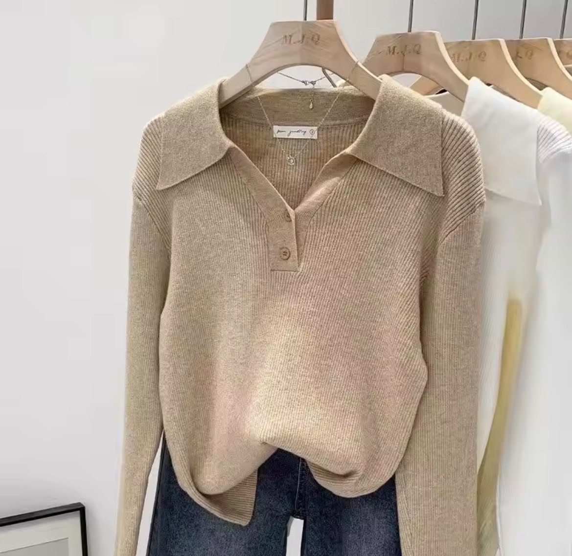 Polo Collar Button-Front Ribbed Knit Pullover