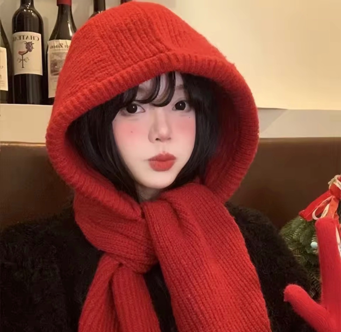 Women's Knit Balaclava Beanie with Attached Scarf