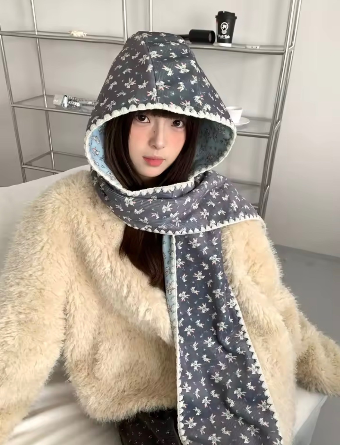 여성용 양면 토끼 모자 스카프 세트